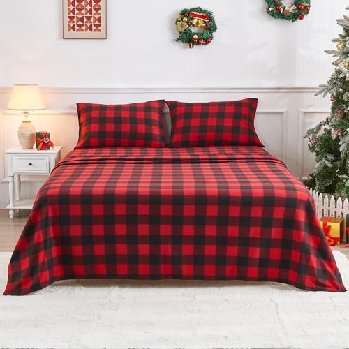 Image of Viviland Plush Micro Fleece Buffalo Plaid Red and Black Holiday King Bed Sheet Set - Soft Polar Fleece Velvet Sheets - Extra Warm Winter Flannel Bed Sheets with Deep Pocket - Christmas Sheet