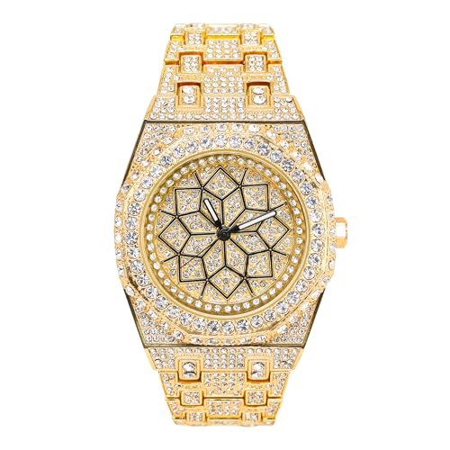 ICE STAR Men's Luxury 43mm Fully Iced Out Octagon Watch - Dazzling Simulated Diamonds, Quartz Movement - Gold Dial