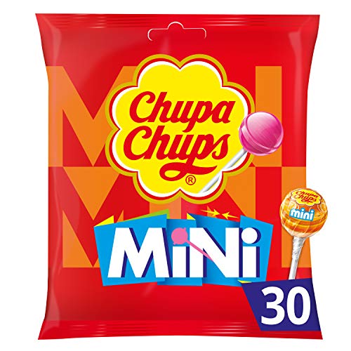 Chupa Chups - Sachet de 30 Mini Sucettes - Parfums Variés - Chupa Chups Cola et Goûts Fraise, Orange et Pomme - Sucettes à la Pulpe de Fruit - Sans Gluten, 0% de Matières Grasses