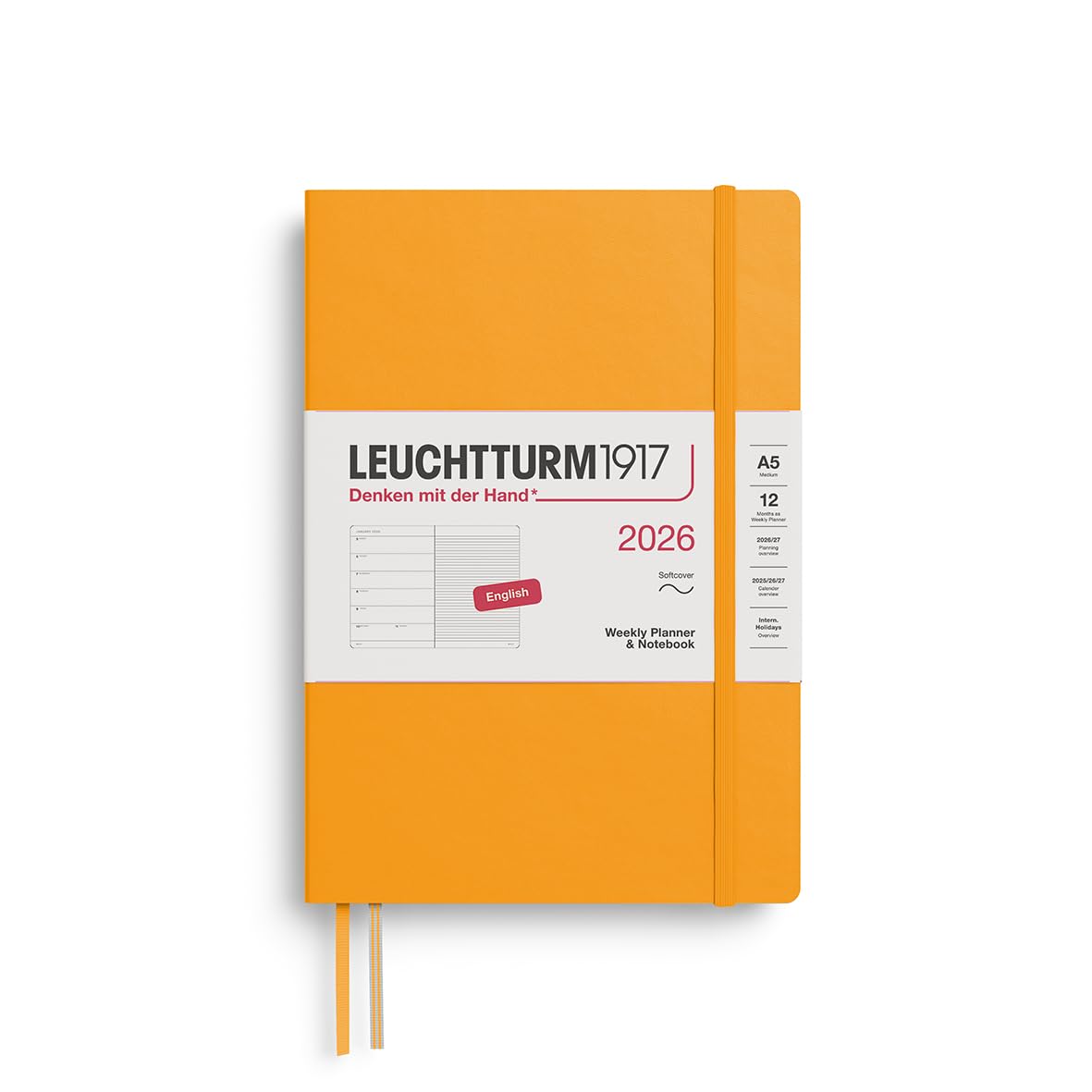 LEUCHTTURM1917 372675 Wochenkalender & Notizbuch Medium (A5) 2026, Softcover, Rising Sun, Englisch