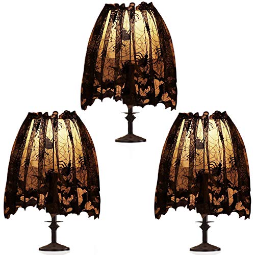 Image of 3Pcs Halloween Lamp Shade Cover Decoration | Large 20 X 60 Inch Black Lace Ribbon Spider web Lampshades Cover Topper Scarf for Festive Party Indoor Decor Supplies