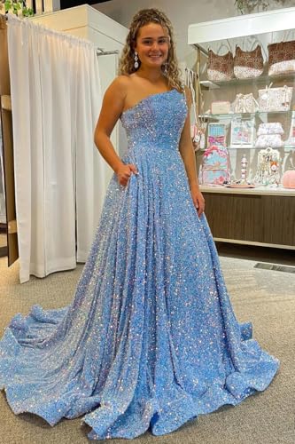 Long Sequin Prom Dresses for Teens 2025 One Shoulder A Line Formal Dress with Pockets2