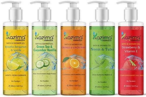 Image of KAZIMA Breathe Bergamot & Vanilla Bath Gel + Strawberry & Vitamin E Shower Gel + Orange & Lemon Mint Shower Gel + Neem & Tulsi + Green Tea & Cucumber Vanilla Luxury Body Wash (5PCS of 200ml)
