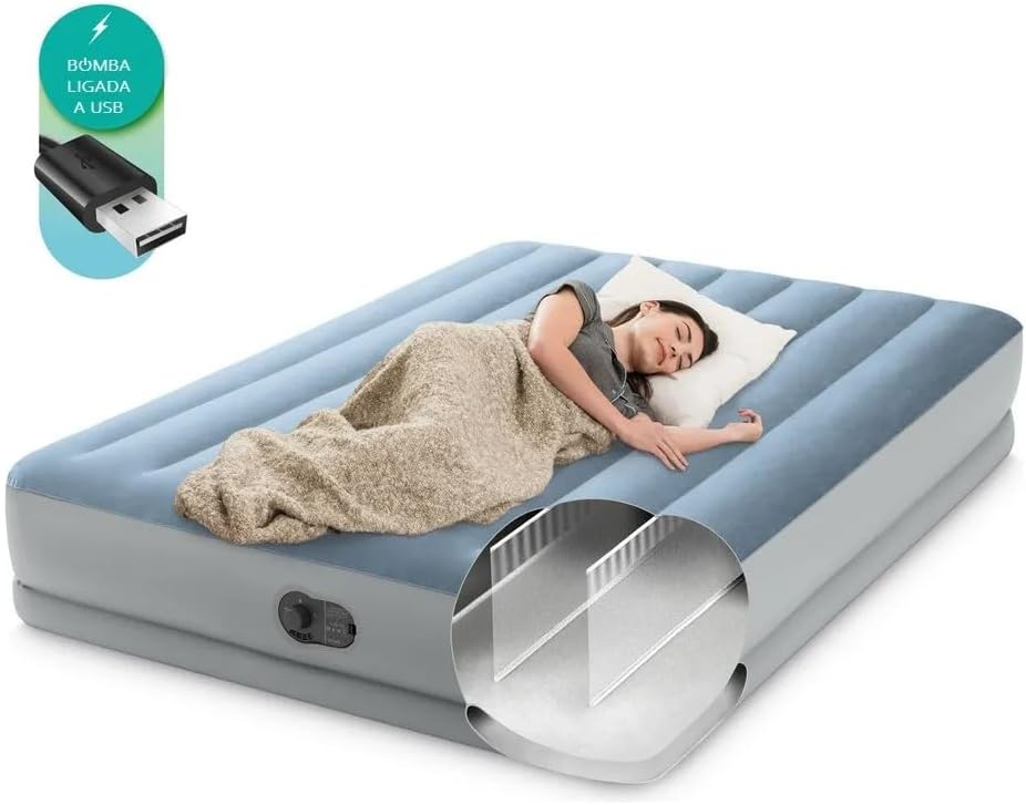 Intex Colchão de ar Airbed Dura-Beam Plus de cintura média | Queen Size | 64159 | Bomba elétrica USB embutida | Multicolorida