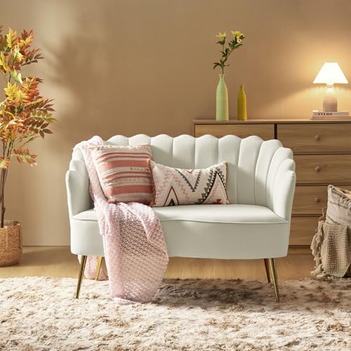 Image of HULALA HOME Velvet Loveseat Sofa with Gold Legs, Modern 2-Seater Sofa for Living Room Bedroom, Comfy Upholstered Small Love Seat Couch, Flower Shaped Back, Ivory