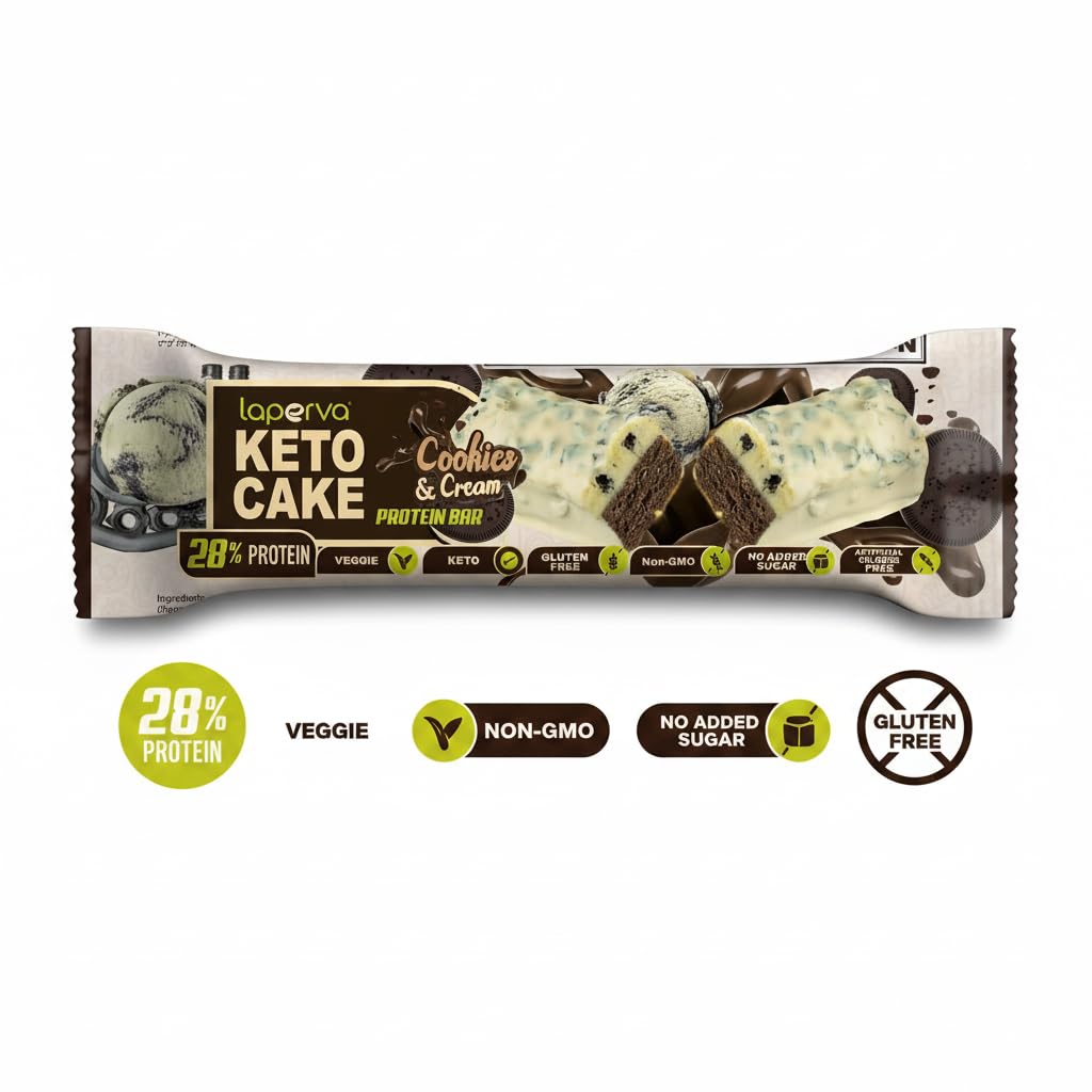 Laperva Keto Cake Barre Protéinée 28% Protéines Cookies & Cream, Snack Keto Low Carb, Végétarien, Sans Gluten, Sans Sucre Ajouté, Riche en Fibres, Non OGM, 18 Barres