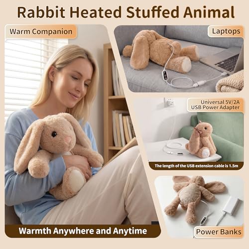 Image of Rabbit Heating Pad Plush, USB Powered Electric Heated Stuffed Animal, Cute Rabbit Plush with 3 Heat Levels & Timer Auto Shut Off, Soft Warm Bunny-Style Cushion Gift for Women Teen Girls