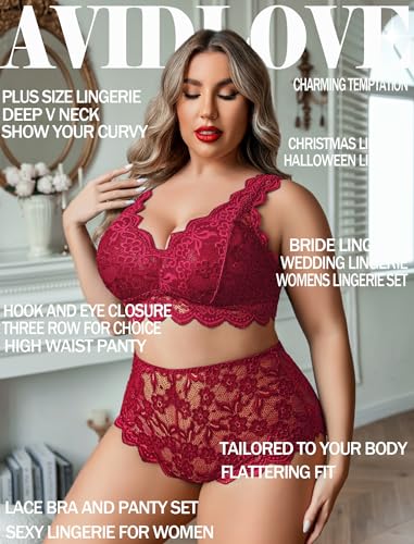 Image of Avidlove Plus Size Lingerie Set for Women Sexy Lace Halter Bralette High Waist Panty Set