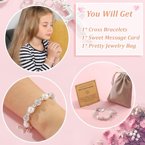 First Communion Confirmation Baptism Cross Bracelet for Girls, Catholic Jewelry Gifts for Kids Daughter Goddaughter Granddaughter 6+2 Inches 6
