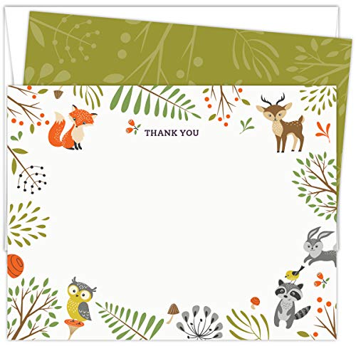 Woodland Animals Baby Shower Thank You Cards. Set Of 25 5.5” X 4.25” Flat Note Cards And A2 White Envelopes. Printed On Heavy Card Stock. #TOP30