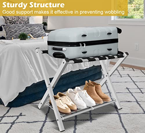 Mocomax 1 Pack Folding Luggage Rack For Guest Room, Foldable Suitcase Stand Holder With Metal Storage Shelf For Bedroom, Living Room, Hotel Essentials, Heavy Duty Steel Frame, White #TOP4