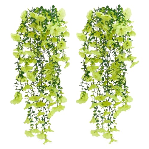 Kouoybt 2Pcs Artificial Hanging Flowers, Hanging Baskets Artificial Flowers, Plastic Fake Hanging Baskets, Lifelike Flower Plant Garland, Artificial Flowers for Decoration (Green, 45cm)