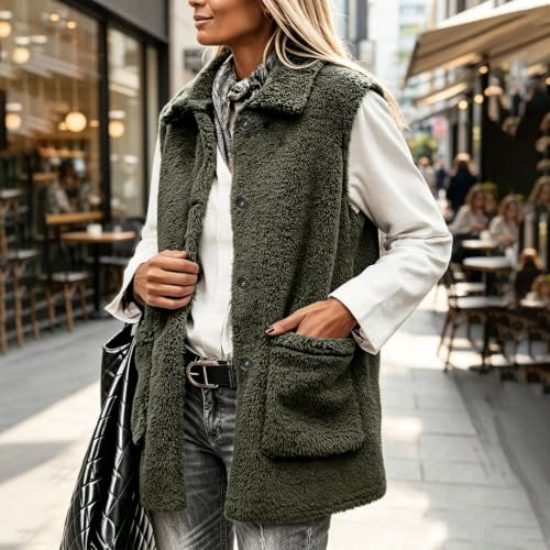 Womens Sherpa Fleece Vest Collared Button Front Pockets Casual Fall Layer - image 2