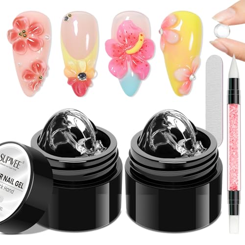 SUPWEE 3D Gel Nail Art 2 Stück Antihaft Klar Solid Builder Gels für Schnitzmuster 3D Skulptur Gel mit Doppelte Formen und Silikonstift Maniküre für zu Hause 5g