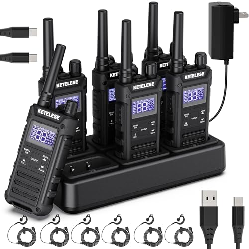 KETELESE T3G Heavy Duty Walkie Talkies Type-C Rechargeable, IP67 Waterproof 2 Way Radios with Earpiece, Adapter, Dock, PTT Group, NOAA, VOX, 6 Pack Walkie Talkie for Adult Black/Grey Black 6