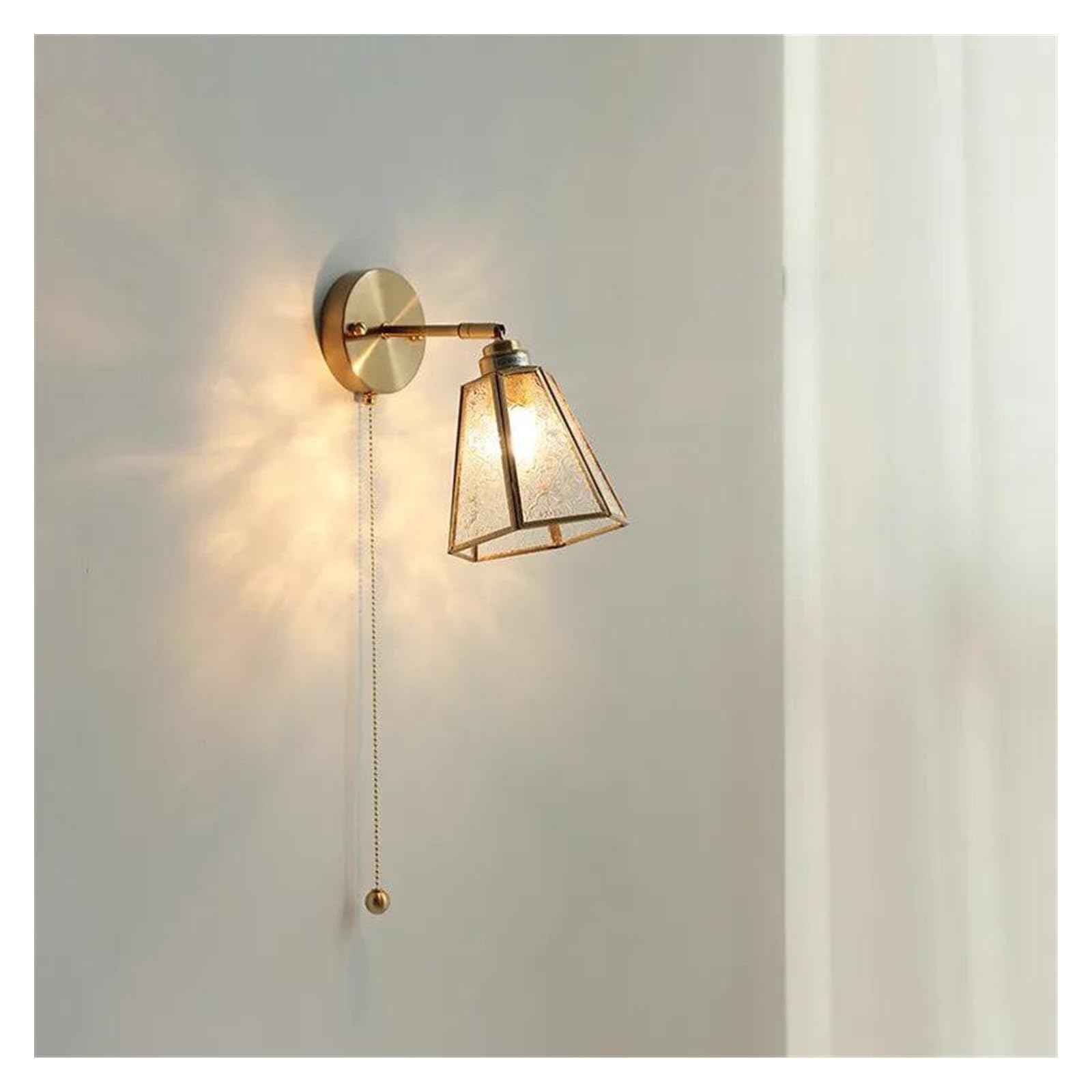 ZTCHSENZT Wall Sconces, Pull Chain Copper LED Wall Lamp Sconce Beside Glass Lampshade Bedroom Living Room Stair Cafe Nordic Modern Light