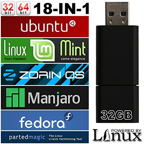 32GB MultiBoot 18-IN-1 USB Drive - Includes Ubuntu 16.04, Linux Mint 18.2 Cinnamon KDE Mate Xfce, Zorin OS Core 12.1, Manjaro 17.2, Fedora Workstation 26 - Support 32-Bit & 64-Bit Hardware!