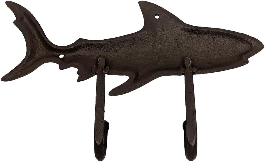Treasure Gurus Cast Iron Double Shark Hooks Wall Mount Key Ring Coat Rack Bathroom Towel Hook Beach Decor