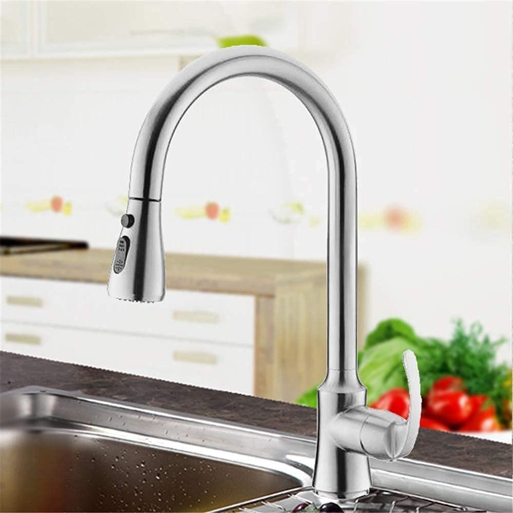 Robinet de cuisine en acier inoxydable 304 avec douchette extractible et mitigeur rotatif 360°