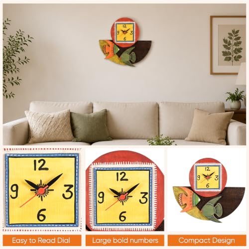 Image of AAKRITI ART CREATIONS Wall Clock Handcrafted Wooden with Fish Motif Multicolor | Clock for Home, Home Decoration | Abstract Art Wall Clock, Lightweight Wooden wall Decor | Matte Finish