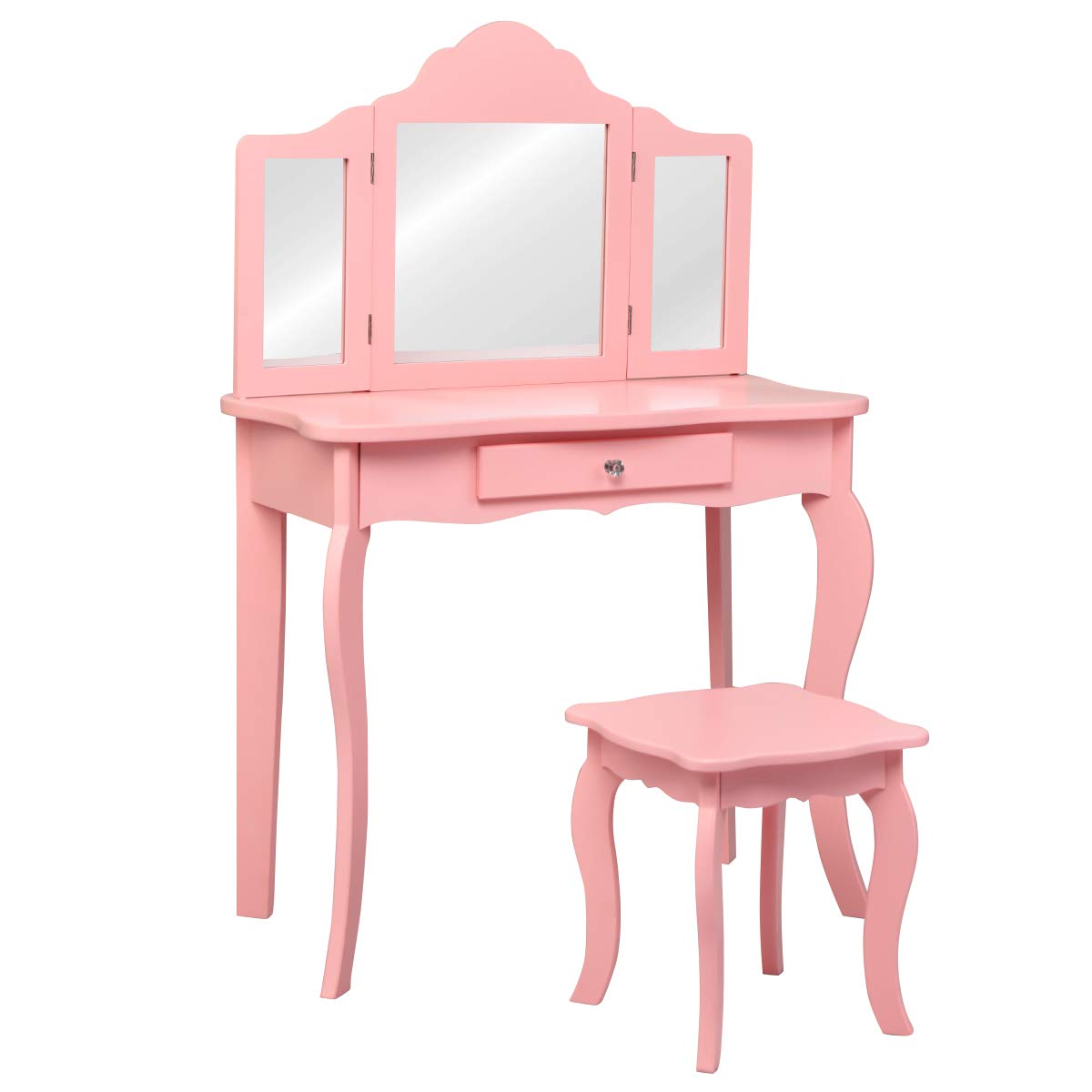 LIFEZEAL 2 in 1 Toeletta con Sgabello Bambina 3-7 Anni, Tavolo da Trucco, Set di Vanity, Mobile Specchiera,Specchio Triplice,Rimovibile,1 Cassetto,per Cameretta, Legno,Rosa,70 x 34 x 104cm (L x B x H)