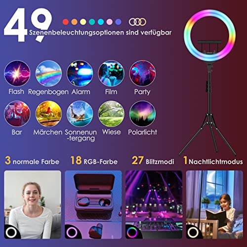 EYETOO RGB Ringlicht 18 Zoll mit Standfuß, Selfie 55W 49 Modi Dimmbares LED 75'' Stativständer und Handy iPad Halter… – Bild 3