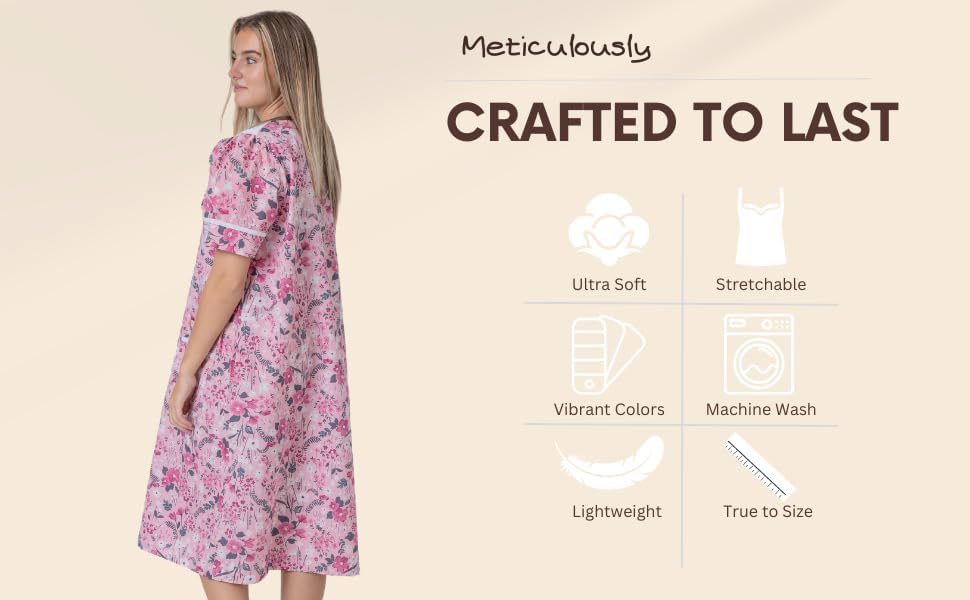 Women's Short Sleeve Woven Snap-Front Closure Floral Embroidery Housecoat Duster Lounge Nightgown Robe with Front Pockets - Image 9