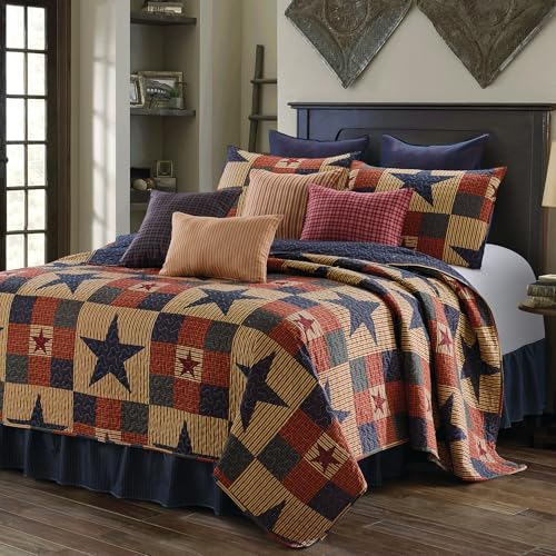 Virah Bella 3 Piece King Cabin Quilt Bedding Set - Mountain Cabin Blue - Rustic Country Reversible Patchwork Comforter Set with Decorative Pillow Shams, Blue/Tan