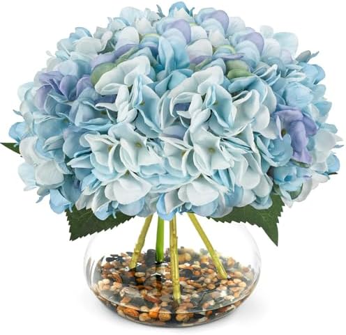 N&T NIETING Artificial Hydrangea Flowers with Vase Blue Silk Fake...