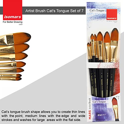 Image of Isomars Cat's Tongue Paint Brush Set - Set of 7 Artist Brushes for Acrylic, Watercolor, Oil & Blending Techniques - Ideal for Smooth Strokes, Detailing & Shading