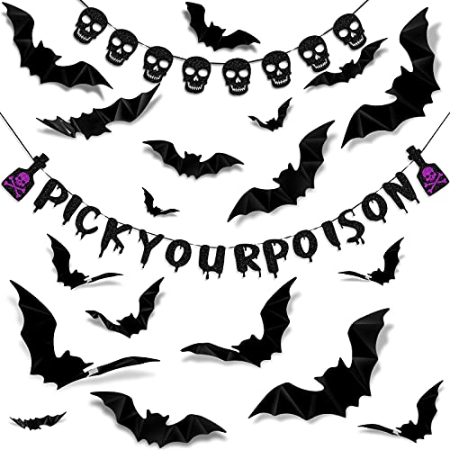 40 Pieces Halloween Banner Set, Includes 8 Pieces Skull Banner 16 Pieces Glittery Pick Your Poison Paper Banner 16 Pieces Bat Stickers Spooky Party Decor for Halloween Haunted House