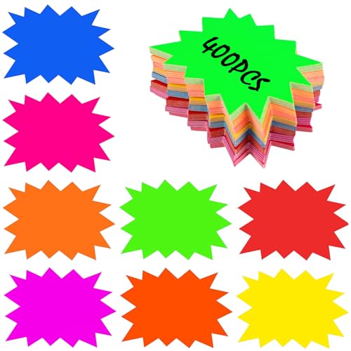 HMIEPRS Cartelli Fluorescenti di Vendita Starburst, 8 Colori Segnali di Vendita, Etichette Segni Fluorescenti Carta, Espositivi Tichette di Sconto per Vendita al Dettaglio, Drogheria (400)