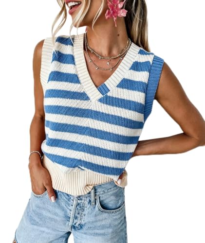 Image of MARZXIN Women Sleeveless Sweater V Neck Casual 2026 Fall Knitted Chevron V Neck Sweater Vest Color Block Pullover Sweater Top