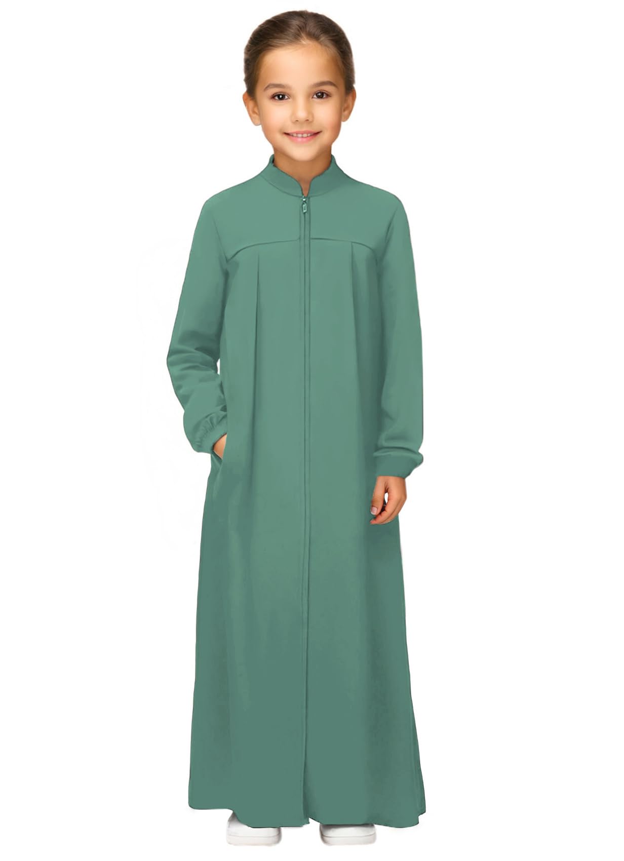 Girls Abaya Muslim Dress with Front Zipper 2 Pockets Dress Long Sleeve Solid Islamic Prayer Clothes for Kids
