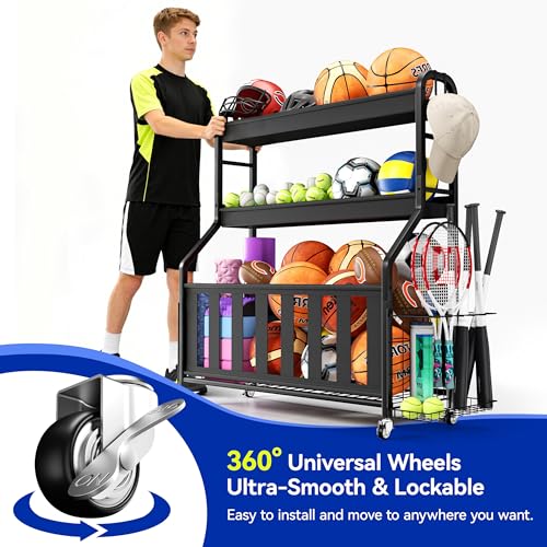 Sports-Equipment-Organizer-Large-Capacity-Garage-Ball-Storage-Rack-Heavy-Duty-Rolling-Ball-Cart-with-Locking-Wheels-for-Basketball-Soccer-Sports-Gear