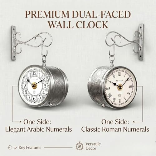 Image of Handcrafted Double Side Metal Analog Vintage Wall Clock | 1.5 Year Machine Warranty | 6 INCHES | 1 Side Number 1 Side Roman,Color Silver