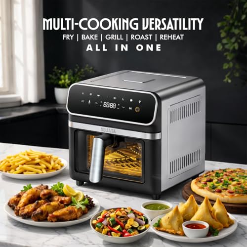 Image of Sujata Fryomatic Plus Air Fryer 6.4L | 2000W| Up to 80% Less Oil Usage | Bake, Grill & Roast| 8 Preset Modes| Digital Display & Touch Control Panel |Glass Window with in built Light | 2 Years Warranty