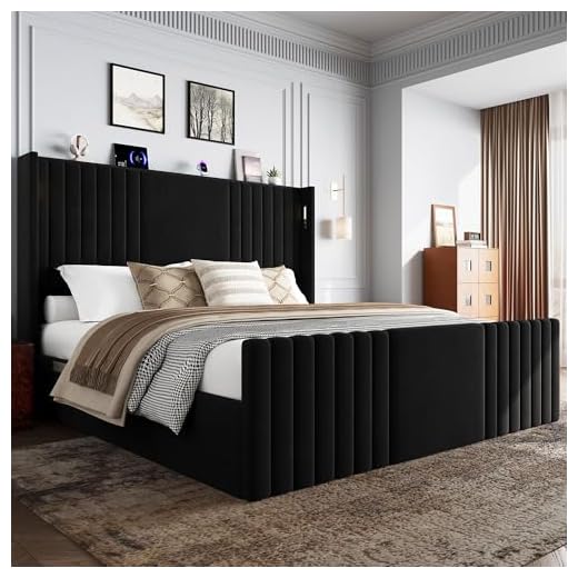 Uteeran King Size Bed Frame with 55.1" Tall Headboard, Velvet Upholstered Platform Bed with Channel Tufted Wingback, 2 Reading Lights/Storage Shelf/Charging Station/Easy Assembly/Noise-Free, Black