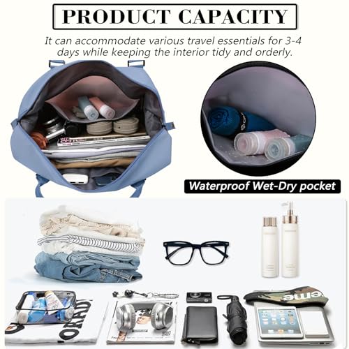 INVODA Travel Duffel Bag Sports Tote Gym Bag Shoulder Weekender Overnight Bag Carry on Travel Bag for Women (Blue)4