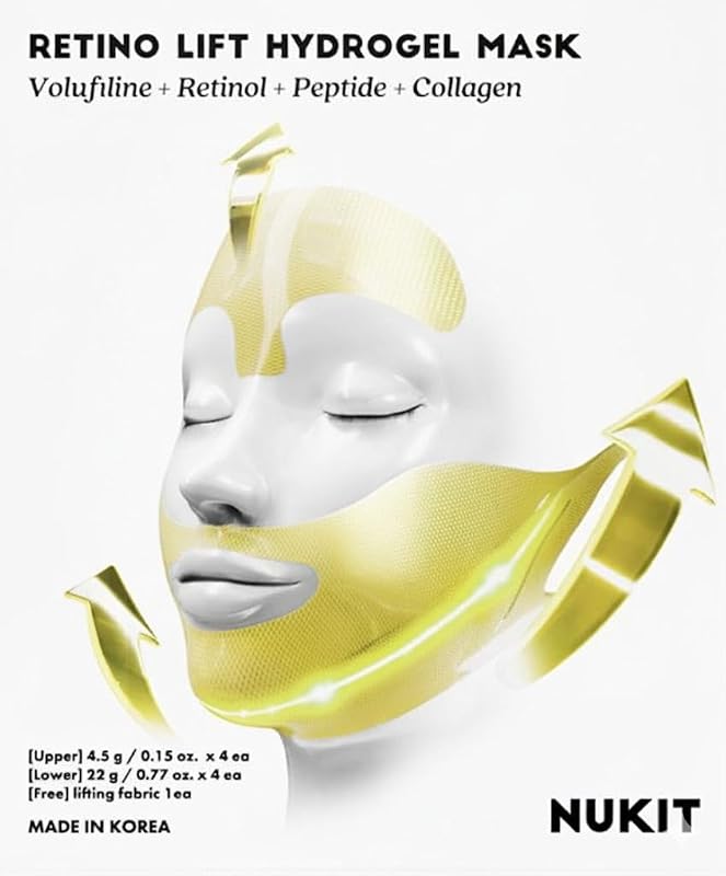 Máscara facial de hidrogel RETINO LIFT com retinol e peptídeos, design em 3 zonas, 4 máscaras e faixa