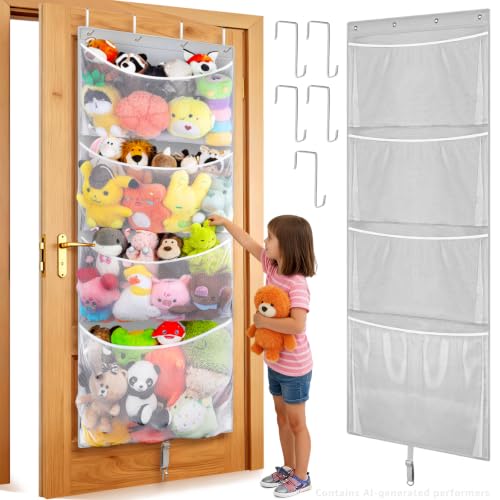 Woodoulogy Hanging Stuffed Animal Storage Over Door Large Plush Toy Organizer with Metal Hook Baby Accessory Holder Idea for Nursery Doll & Bear Mesh Hammock Bag for Girl Boy Kid Room