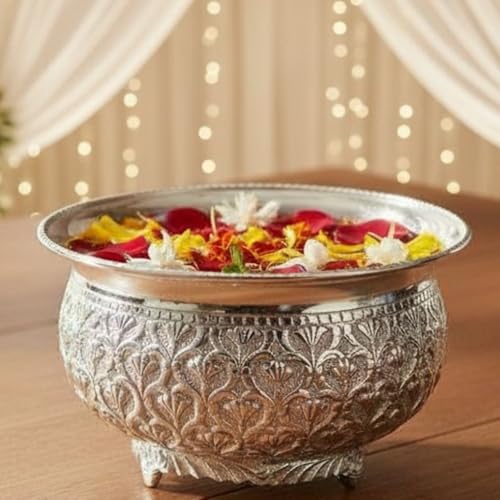 Image of Decorative Brass Chitai 7 inches German Silver Urli Center Table Flower Bowl | Urali for Mandap, Haldi, Mehendi, Wedding, Reception Decor | Small Size | 1000ml