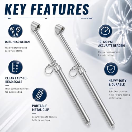 Image of BBTO 2 Pcs 10-160 Psi Low Pressure Tire Gauges Pencil Tire Gauges | Stainless Steel, Tire Gauges for Tire Pressure, Reverse Osmosis Tank, Garden Tractors, Golf Carts, Atv, Sports Equipment