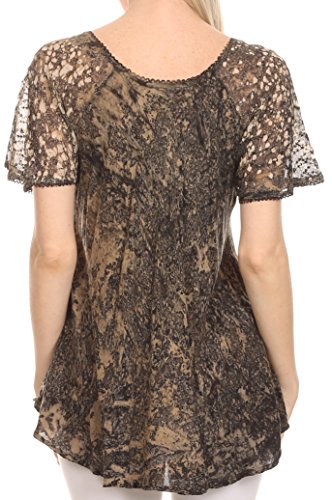 Image of Sakkas Ash Speckled Tiedye Embroidered Cap Sleeve Blouse Top with Embroidery Hems