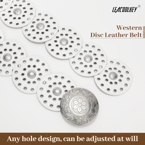 Image of LEACOOLKEY Women's Boho Disc Belt Wide Western Leather Belt Vintage Concho Waist Belts for Dress Jeans