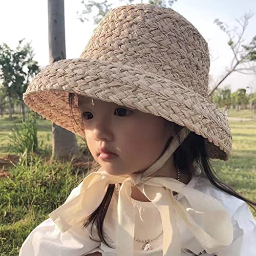BIBABLYKE Girls Straw Hat, Beige, Sun Protective, Flat Top, Wide Brim, Breathable, Adjustable Strap, Universal Size 3-9Y4