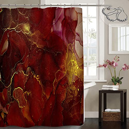 Gibelle Burgundy Red Shower Curtain, Abstract Marble Fabric Shower Curtain For Bathroom, Modern Ombre Watercolor Ink Art Shower Curtain Set With Hooks, 72 X 72 #TOP15