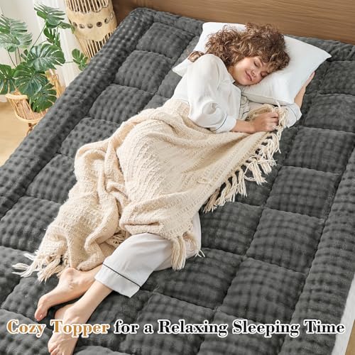 Image of Cymula Full Size Mattress Topper for Winter Fleece Bubble Pillow Top Mattress Pad with 8-21 Inch Elasticated Deep Pockets, Plush Down Alternative Fill Warm Fuzzy Mattress Protector, Grey