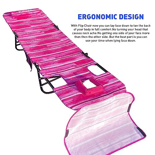 Easygo Product Flip Face Down Tanning Beach Chair Lounger With Face & Arm Holes-Polyester Material – Multiple Backrest Positions-Head Rest Pillow-Sand Or Home Use-Patents Pending, Pink #TOP2