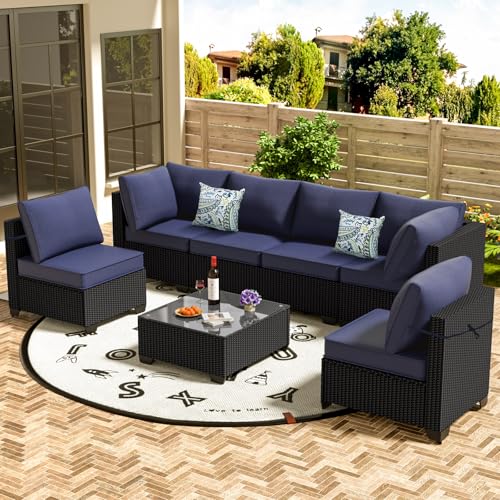 OUGMMGOU 7-Piece U-Shaped Patio Sectional Furniture Set - All-Weather PE Rattan Wicker Modular Outdoor Furniture with Tempered Glass Table, 450 lb Capacity Outdoor Patio Couch Set